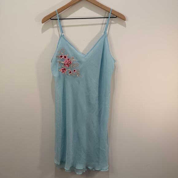 VTG California Dynasty Chemise Slip Dress Size Large Blue Floral Embroidery - Picture 2 of 14